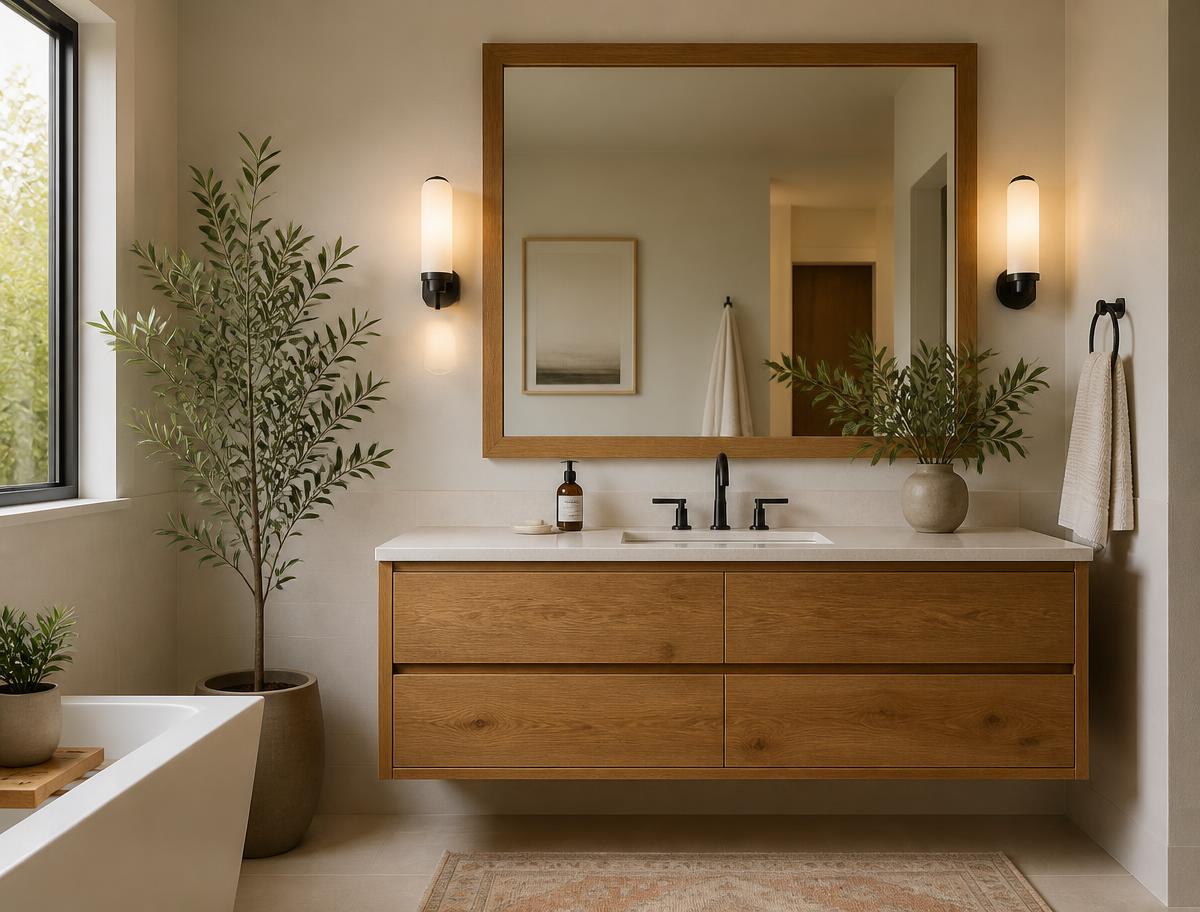 Custom solid wood floating bathroom vanity with a quartz counter